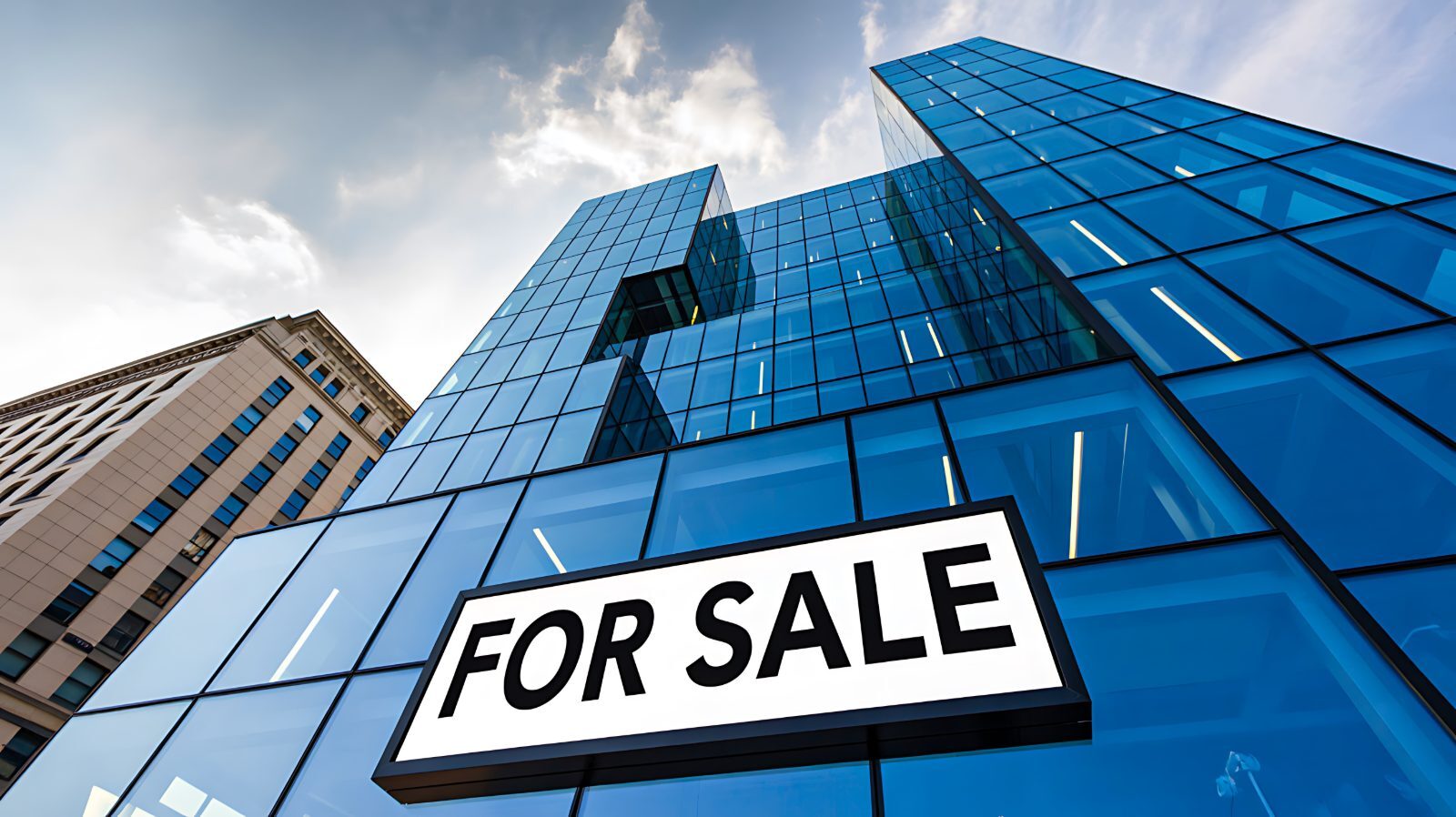 Modern glass office tower with a FOR SALE sign